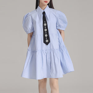 Tie Puff Sleeve Casual Shirt Dress