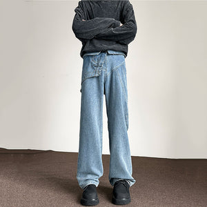 Blue Patchwork Denim Long Straight Pants