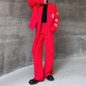 Retro Cirrus Embroidered Red Suit Jacket Wide-leg Trousers Two-piece Set