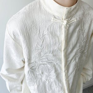 Embroidered Jacquard Stand Collar Button Up Long Sleeve Shirt