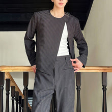 Load image into Gallery viewer, Striped Crew Neck Suit Jacket and Flared Trousers Two-piece Suit
