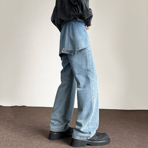 Blue Patchwork Denim Long Straight Pants