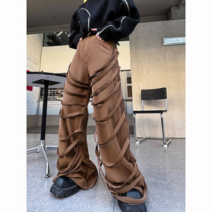 Casual Webbing-embellished Straight-leg Loose Wide-leg Pants