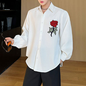 Rose Embroidered Loose Casual Long Sleeve Shirt