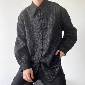 Disc-buttoned Long-sleeve Jacquard Lapel Loose Shirt