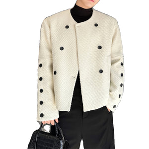 Button-embellished Loose Collarless Woolen Jacket