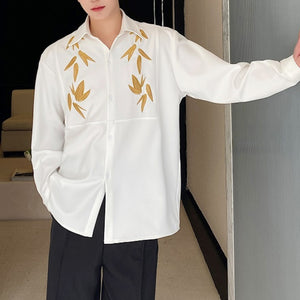 Maple Leaf Embroidered Vintage Lapel Long Sleeve Shirt