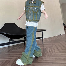 Load image into Gallery viewer, Contrast Color Sleeveless Denim Vest and Retro Wide-leg Trousers Two-piece Set
