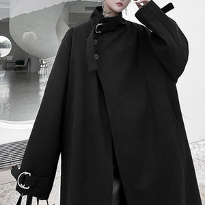 Slanted Placket Over-the-knee Woolen Coat