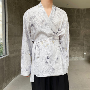 Vintage Collarless Long-sleeved Shirt with Irregular Jacquard Bindings