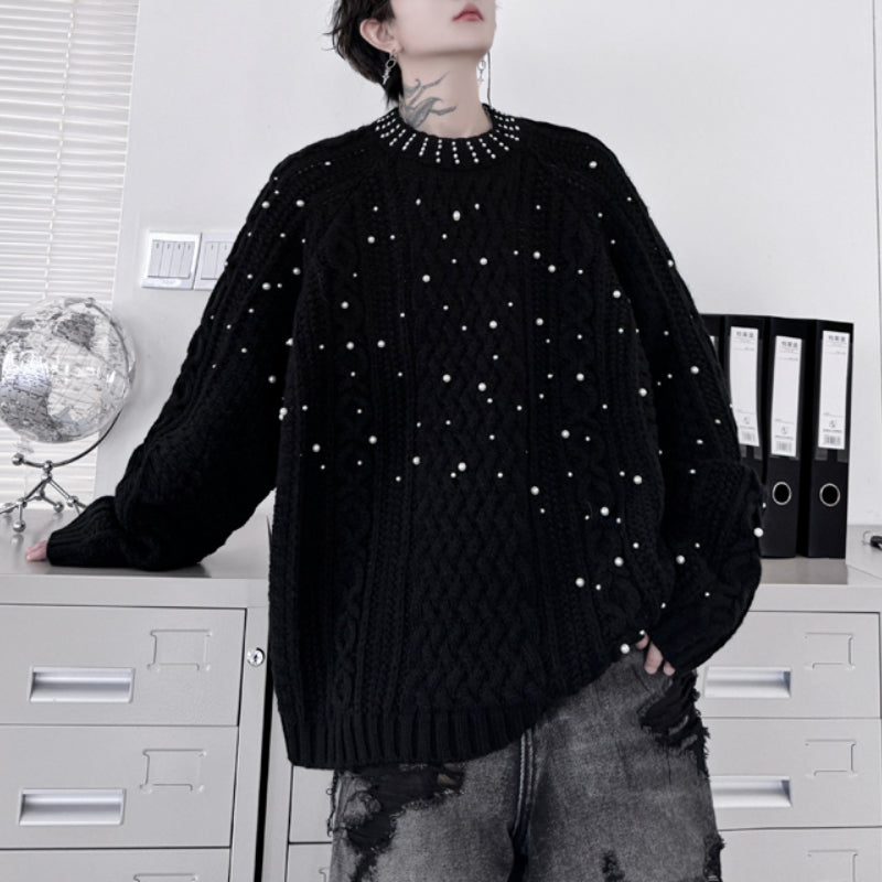 Cable Beaded Loose Knitted Thick Sweater