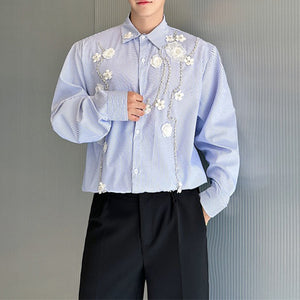 Blue Striped Handmade Flower Long Sleeve Shirt