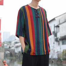 Load image into Gallery viewer, Button Colored Striped Patchwork T-shirt
