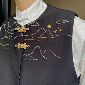 Landscape Embroidery Metal Buckle Retro Vest