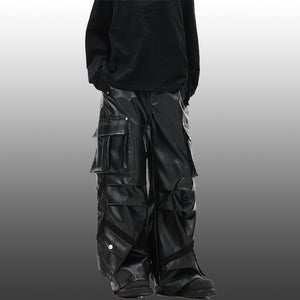 Vintage Multi-Pocket Shiny Leather Loose Wide-Leg Casual Pants