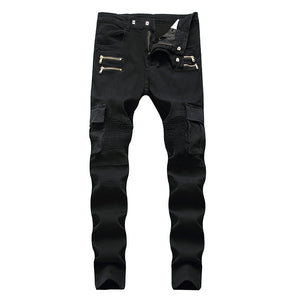 Street Multi-pocket Zipper Pleated Elastic Slim-fit Pants