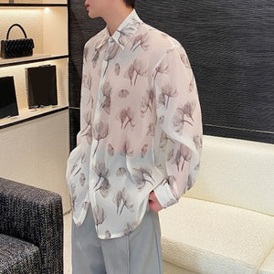 Simple Casual Ink Floral Lapel Long-sleeved Shirt