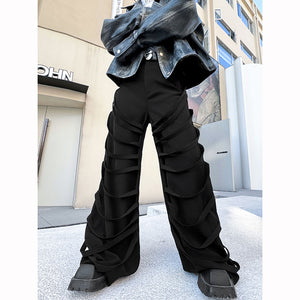 Casual Webbing-embellished Straight-leg Loose Wide-leg Pants