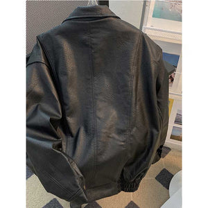 Vintage PU Leather Stand Collar Loose Jacket