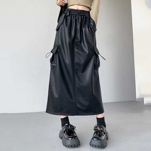 Retro Slit A-line Pu Mid-length Leather Skirt