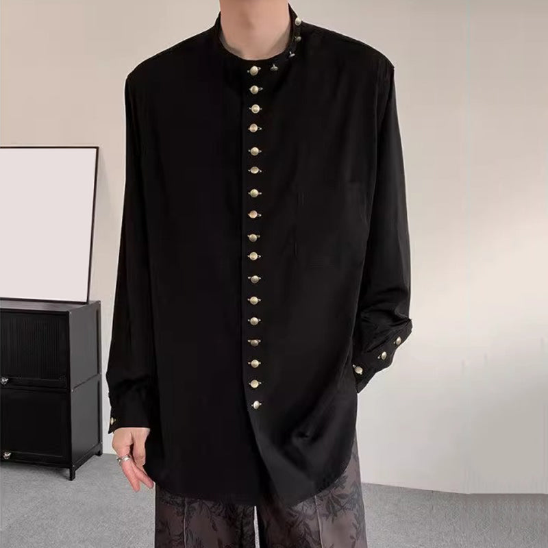 Loose Long-sleeved Shirt with Small Gold Buttons