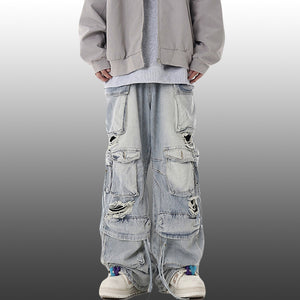 Ripped Denim Loose Straight-leg Multi-pocket Trousers