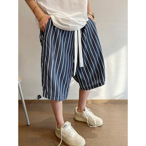 Striped Loose Thin Retro Denim Shorts