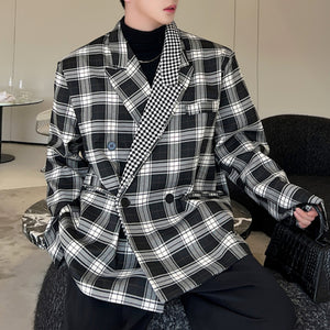 Double Collar Plaid Contrast Blazer