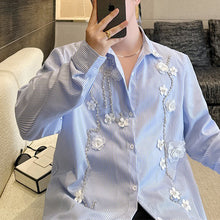 Load image into Gallery viewer, Blue Striped Handmade Flower Long Sleeve Shirt
