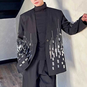 Embroidered Sequined Large V-Neck Suit Jacket Straight-Leg Trousers Two-Piece Set