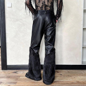 Artificial Fur Patchwork Wide-Leg Leather Pants