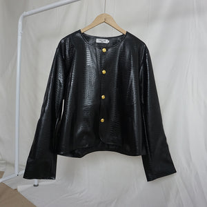 Round Neck PU Leather Cropped Jacket