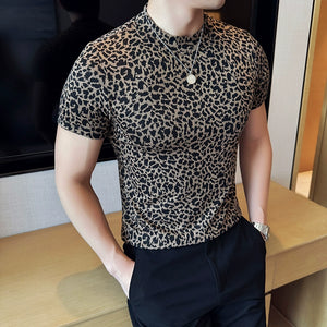 Leopard Print Slim Fit Half Turtleneck T-shirt