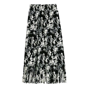 Fringed Mid-Length Pleated Floral Skirt