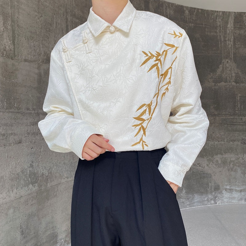 Retro Jacquard Embroidered Bamboo Long Sleeve Shirt