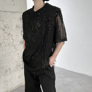 Sequined Fringed Short-sleeved T-shirt