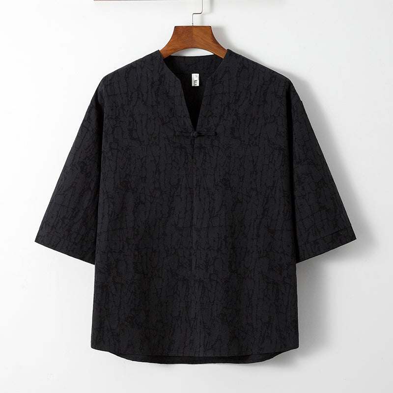 Cotton Linen Buckle Tang Suit Short-sleeved T-shirt