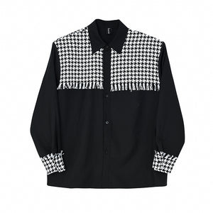 Houndstooth Frayed Panel Long Sleeve Shirt