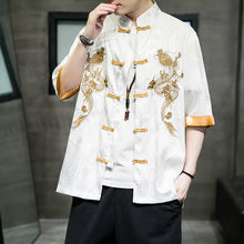 Load image into Gallery viewer, Dragon Pattern Embroidery Buttoned Three-quarter Sleeve Shirt
