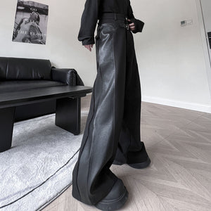 Dark Structured Patchwork Leather Wide-leg Pants