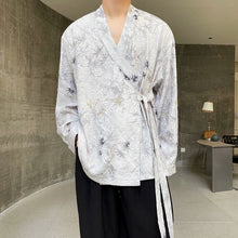 Load image into Gallery viewer, Vintage Collarless Long-sleeved Shirt with Irregular Jacquard Bindings
