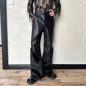 Artificial Fur Patchwork Wide-Leg Leather Pants