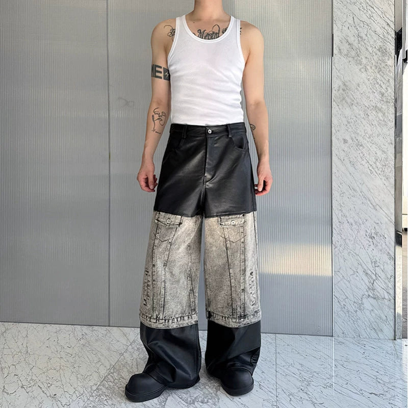 Denim and Leather Straight-leg Wide-leg Pants