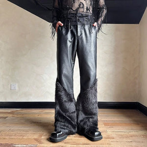 Artificial Fur Patchwork Wide-Leg Leather Pants