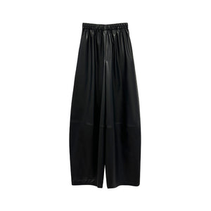 Simple Black Matte Loose Spliced PU Leather Casual Pants