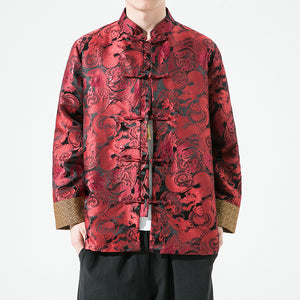 Loose Stand Collar Dragon Pattern Jacquard Disc Button Jacket