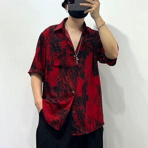 Irregular Printed Loose Red Shirt