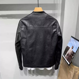 Slim-Fit Stand Collar Leather Jacket