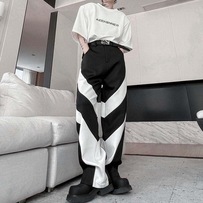 Black and White Contrast Loose Straight Trousers