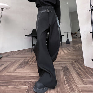 Dark Structured Patchwork Leather Wide-leg Pants